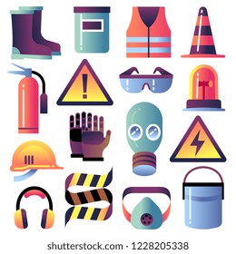 Safety equipment. Personal protection for construction works. Helmet, glove and glasses. Safety job vector icons