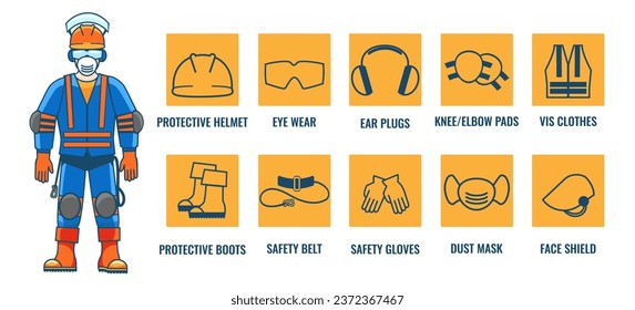 Safety equipment or personal protective equipments set. Ppe for safe job and work, helmet glasses headphones mask vest boots belt gloves knee elbow pads signs vector illustration