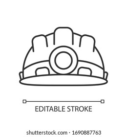 Safety equipment pixel perfect linear icon. Worker helmet for secure work. Builder hardhelmet. Thin line customizable illustration. Contour symbol. Vector isolated outline drawing. Editable stroke