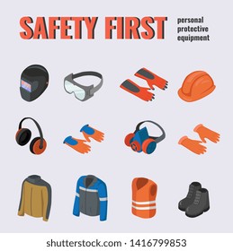 Safety equipment PPE Construction protection set. Collection of flat vector isometric icon