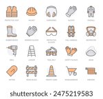 Safety equipment, required PPE flat line icons set. Protective gloves builder helmet respirator, harness vector illustrations. Outline signs personal protection. Orange color. Editable Strokes