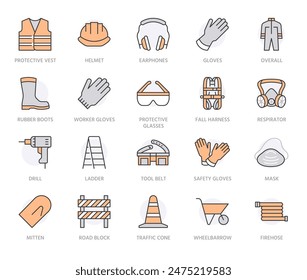 Safety equipment, required PPE flat line icons set. Protective gloves builder helmet respirator, harness vector illustrations. Outline signs personal protection. Orange color. Editable Strokes