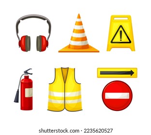 Safety equipment set. Caution signs, extinguisher, traffic cone, safety vest vector illustration