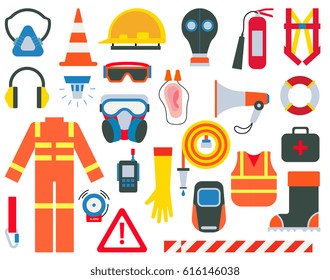 Safety equipment and supplies vector illustration with isolated elements on white background in modern style. Alarm sign, bell, chemical protection, bools, respirator, earphones, cone, speaker.