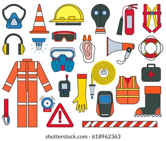 Safety Equipment And Supplies Vector Illustration With Isolated Elements On White Background In Modern Style. Alarm Sign, Bell, Chemical Protection, Boots, Respirator, Earphones, Cone, Speaker.