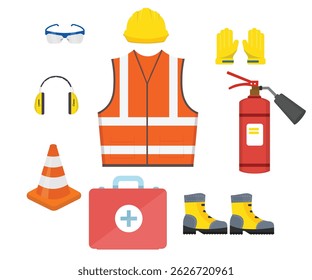 Safety Equipment Vector Icons – Helmet, Vest, Gloves, Boots, First Aid Kit