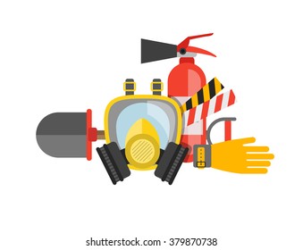 Safety equipment vector set. Fire protection and fire. A gas mask and a fire extinguisher. Set firefighter or rescuer. Rescue tools. Safety work