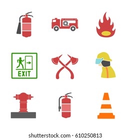 Safety equipment vector set. Fire protection and fire. 