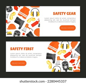 Diseño de banners web de equipos de seguridad con plantilla de vectores de engranajes de protección personal
