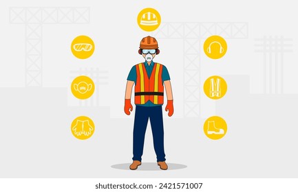 Safety equipment. Worker with personal protective equipment. Vector illustration.