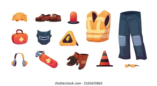 Safety equipment. Worker personal security clothes and tools, helmet glasses gloves mask, industry risky and danger job protection. Vector isolated set. Protective uniform and objects