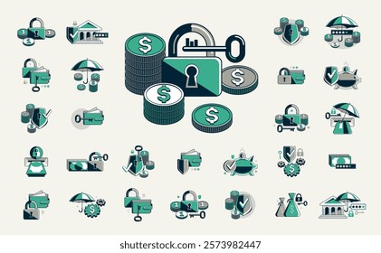 Safety of finances vector detailed icons set, financial risk, secured savings, protected bank account, insurance and privacy protection.