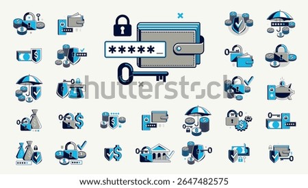 Safety of finances vector detailed icons set, financial risk, secured savings, protected bank account, insurance and privacy protection.
