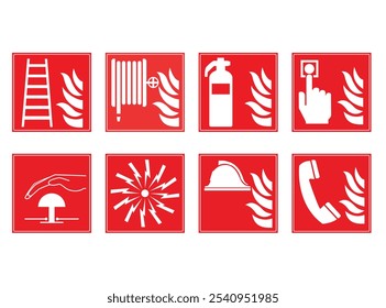 Conjunto de Vector de señal de fuego de seguridad. Iconos de extinción de incendios. Conjunto de Vector de señal de fuego de seguridad. Ilustración aislada.