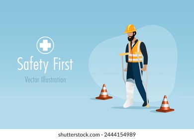 Safety first, accident caution at construction site. Broken leg worker walking with crutch. Vector.