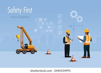 Safety first, accident caution at construction site. Engineering workers with safety regulation check lists. Vector.