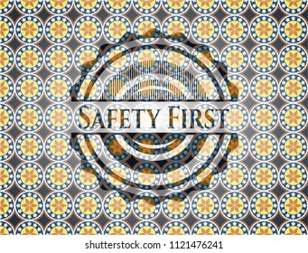 Safety First arabic badge. Arabesque decoration.