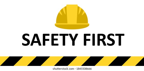 Safety first board. Construction site sign. Caution display. Working area warning. Flat color vector illustration. Brand service product industrial territory.