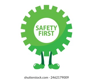 Safety first cartoon vector illustration. Gear, security, construction, industrial, hazard, builder, warning tape, beware, risk. Can use for infographic, banner, poster, web design.