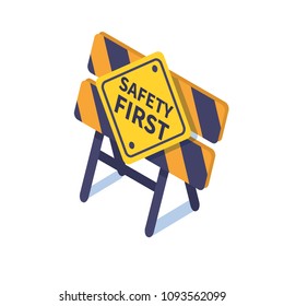 Safety first concept banner with characters.  Flat isometric vector illustration isolated on white background.