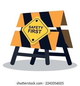 Safety first concept banner with characters. Flat isometric illustration isolated on white background.