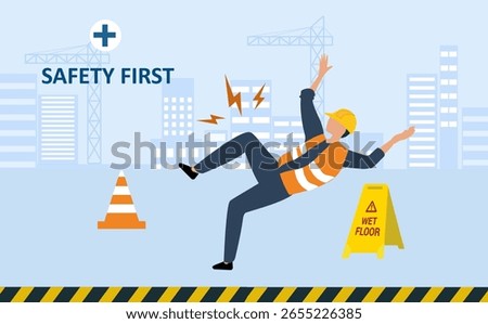 Safety First concept, construction worker slip and fall on wet floor. Safety first, accident caution at construction site. Vector.