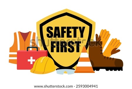 Safety first concept. Engineer helmet, safety shoe, vest, protective glasses and gloves in flat design on white background.