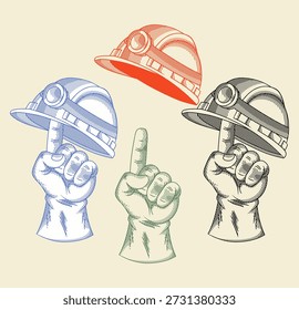 Safety First Concept Hand Holding Construction Helmet in Crosshatch Style,ideal for labor day designs, industrial safety guidelines, engineering projects, and worker protection concepts. Fully editable vector expand object.