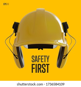 Safety first concept. Isolated yellow hard hat with ear defenders. Realistic 3D Vector Illustration