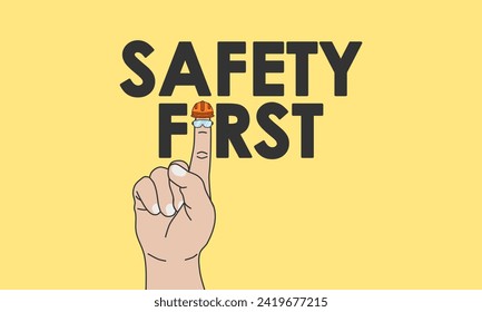 La seguridad es el primer concepto. A la derecha con el dedo indicativo y el casco de seguridad y las gafas. Ilustración vectorial.