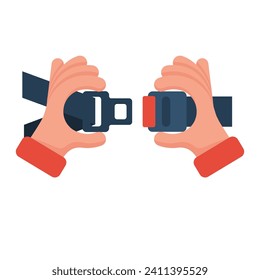 Safety First concept. Seat Belt. Man fasten buckle hands. Safety of movement on car, airplane. Vector illustration flat line design. Isolated on white background. Protection driver and passengers.