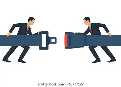 Safety First concept. Seat Belt. Two businessmen in a suit fasten buckle hands. Safety of movement on car, airplane. Vector illustration flat line design. Protection driver and passengers.