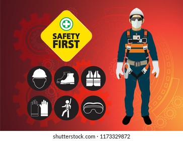 safety first, construction concept, health protection ,  safety worker equipment,  vector design