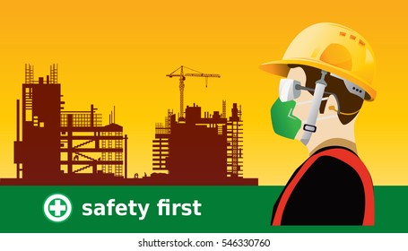 safety first, construction concept, health protection ,  safety worker equipment,  vector design