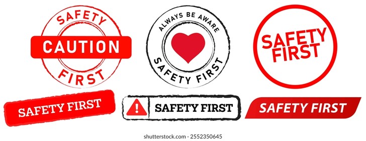 Safety first construction safe danger protection sign caution risk alert warning stamp red black badges sticker label banner emblem design icon set collection