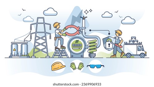 Seguridad en el trabajo eléctrico con el concepto de contorno de equipo a prueba de choques. Mantenimiento, reparación y reparación profesional de la estación eléctrica con casco, guantes y gafas de seguridad ilustrando el vector.