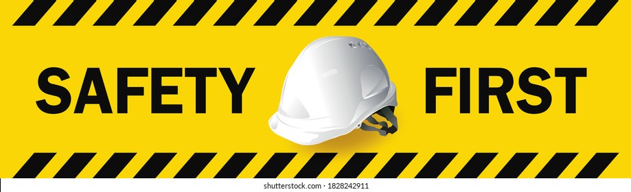 safety first, Engineer helmet on yellow background, safety equipment, construction concept, vector design