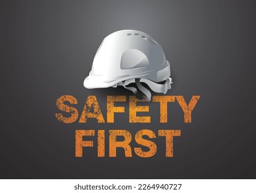 Sicherheit zuerst, technischer Helm auf dem Hintergrund, Sicherheitsausrüstung, Baukonzept, Vektordesign