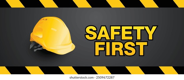 seguridad primero, casco de ingeniero sobre fondo amarillo, equipo de seguridad, concepto de construcción, diseño de Vector