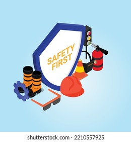 Safety first equipment 3d isometric vector illustration concept for banner, website, landing page, ads, flyer template