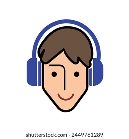 Safety first face hearing protection ear muffs. Customer service person wearing headset. Colored outlined vector illustration isolated on square white background. Simple flat cartoon drawing.