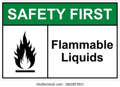 Safety first flammable liquids caution sign for chemical hazard