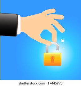 Safety first- hand holding a unlocked lock vector illustration isolated on blue background. Security concept.