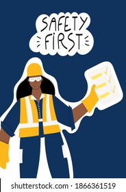 Safety First Handwritten Phrase Poster Design. Factory Female Worker Wearing Hard Hat, Safety Gloves, Safety Glasses, High Visibility Vest, Work Clothing. Woman On Safety Inspection With Check-list