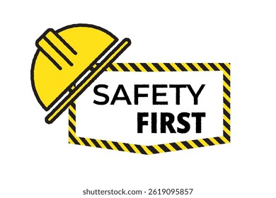 Safety first icon with caution sign and helmet. Construction vector for industrial protection, warning, and workplace security.