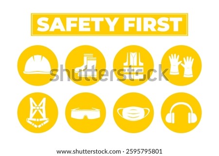 Safety first icon set features essential PPE symbols, including hard hat, boots, gloves, vest, safety harness, goggles, mask, and earmuffs for workplace safety, construction, and industrial use.