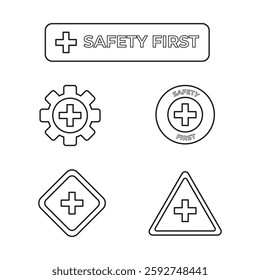 Safety first icons in black outline style, featuring various symbols promoting workplace safety and industrial protection. Ideal for warning signs, manuals, and hazard prevention materials.