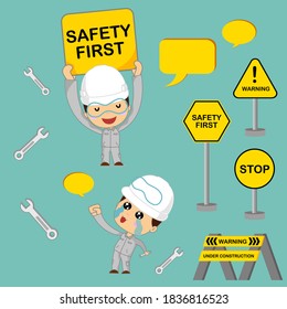 Safety first in industrial concept, flat cartoons color