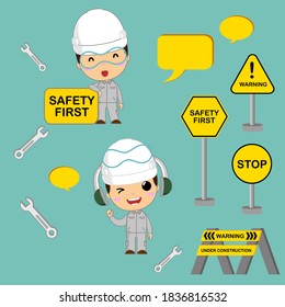 Safety first in industrial concept, flat cartoons color