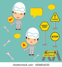 Safety first in industrial concept, flat cartoons color